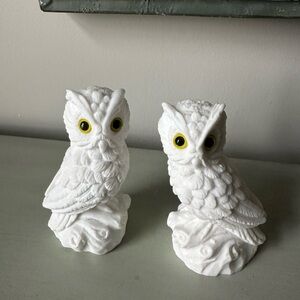 Vintage alabaster white stone owls set of 2